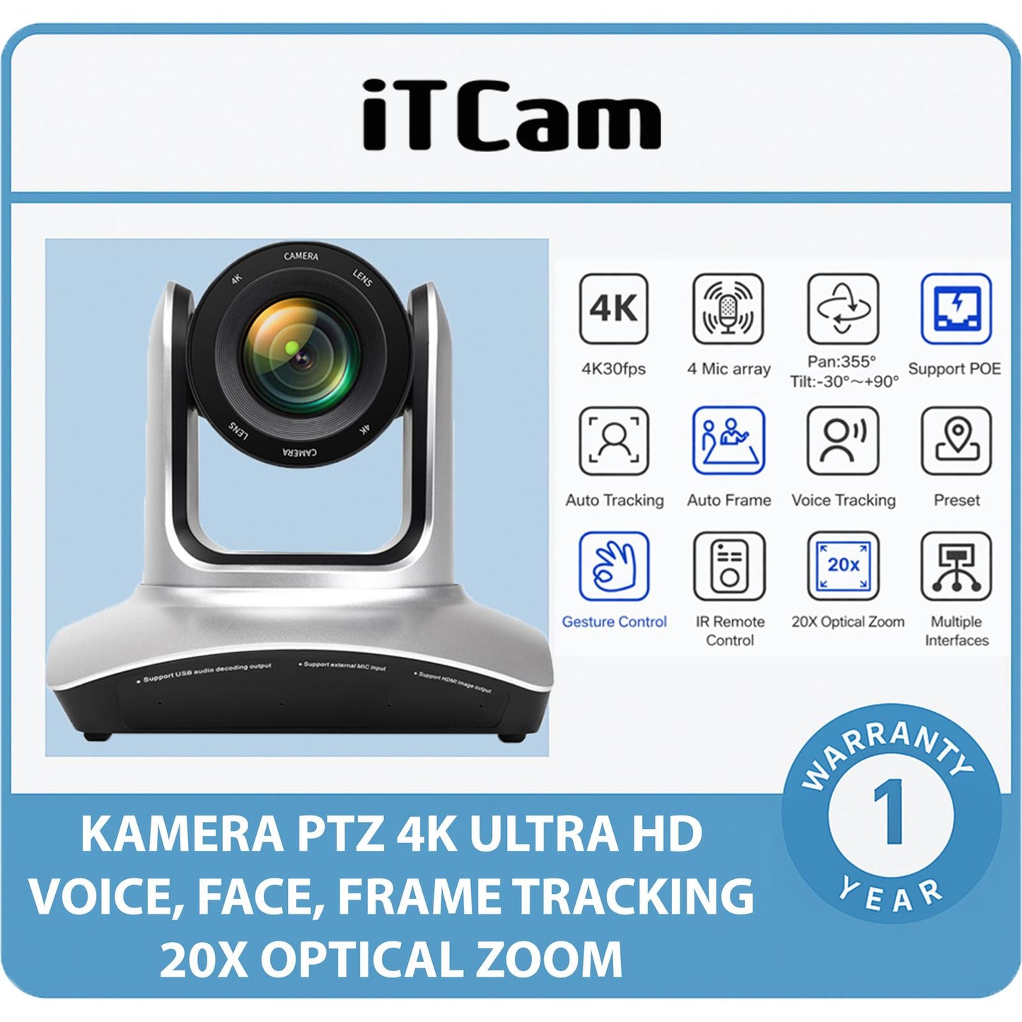 iTCam Webcam PTZ 4K UHD with Voice Face Frame Tracking & Gesture Control 20x Optical Zoom